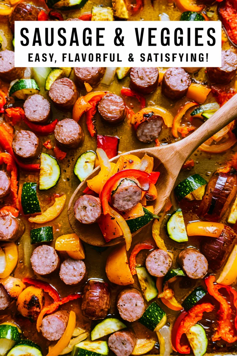 Sliced sausage and colorful veggies on a wooden spoon, ready for a flavorful meal.