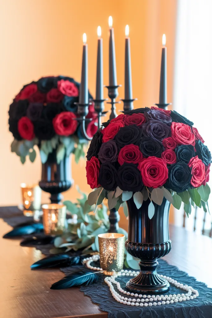 Elegant black vase with red and black rose arrangement, accompanied by candles and pearls on a decorated table.