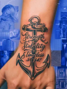 Anchor tattoo on a hand with text: Strength, Stability & Timeless Style amid blue and architectural imagery.