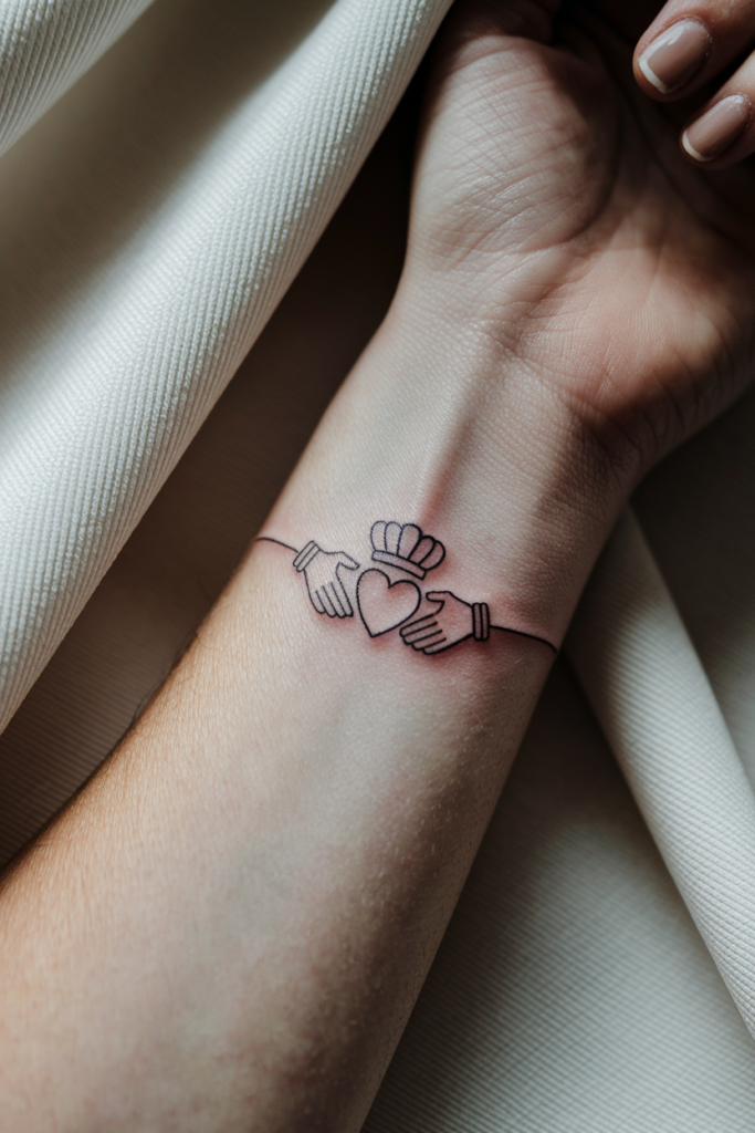 Minimalist Claddagh tattoo on wrist with heart, crown, and hands, symbolizing love, loyalty, and friendship.