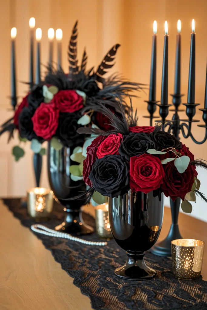 Elegant Gothic table decor with black candelabras and red roses in black vases, accented by candlelight.