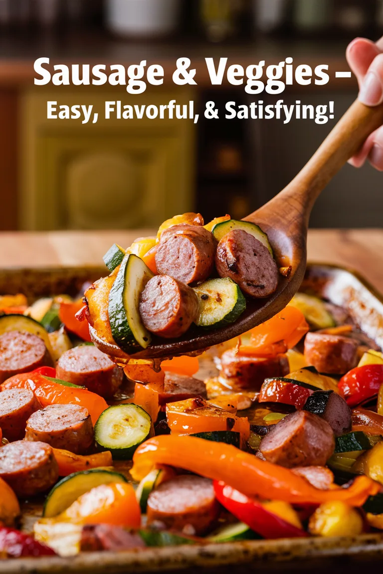 Sheet pan with sausage and colorful veggies, highlighting an easy and flavorful meal.