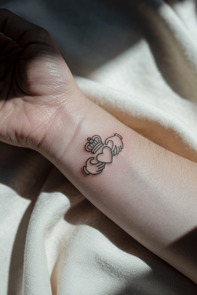 Minimalist Claddagh tattoo on wrist, featuring heart, crown, and hands representing love, loyalty, and friendship.