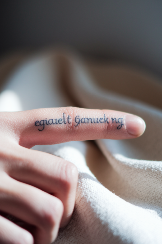 Close-up of a finger tattoo with elegant script on a soft fabric background.