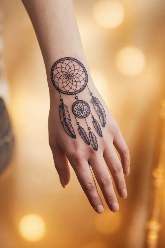 Hand with dreamcatcher tattoo, featuring intricate feathers and web design, on a warm blurred background.