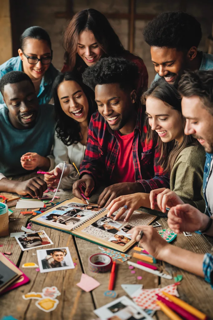 Group of friends happily scrapbooking together, surrounded by colorful craft supplies on a wooden table.