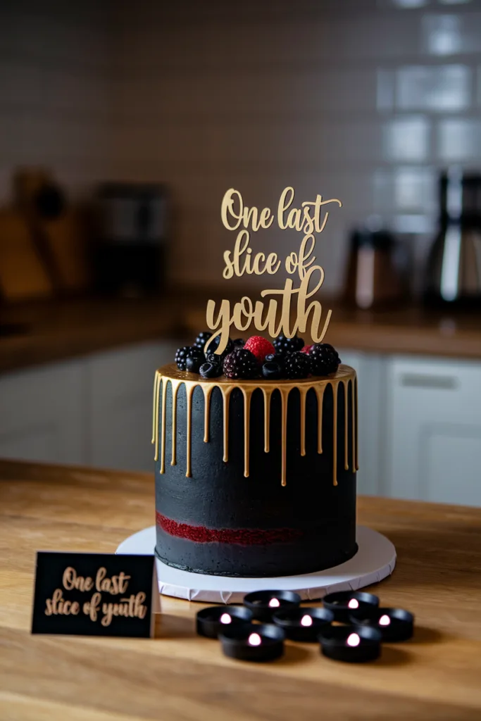 Elegant cake with gold drip and berries, sign reads One last slice of youth, on a wooden kitchen table.