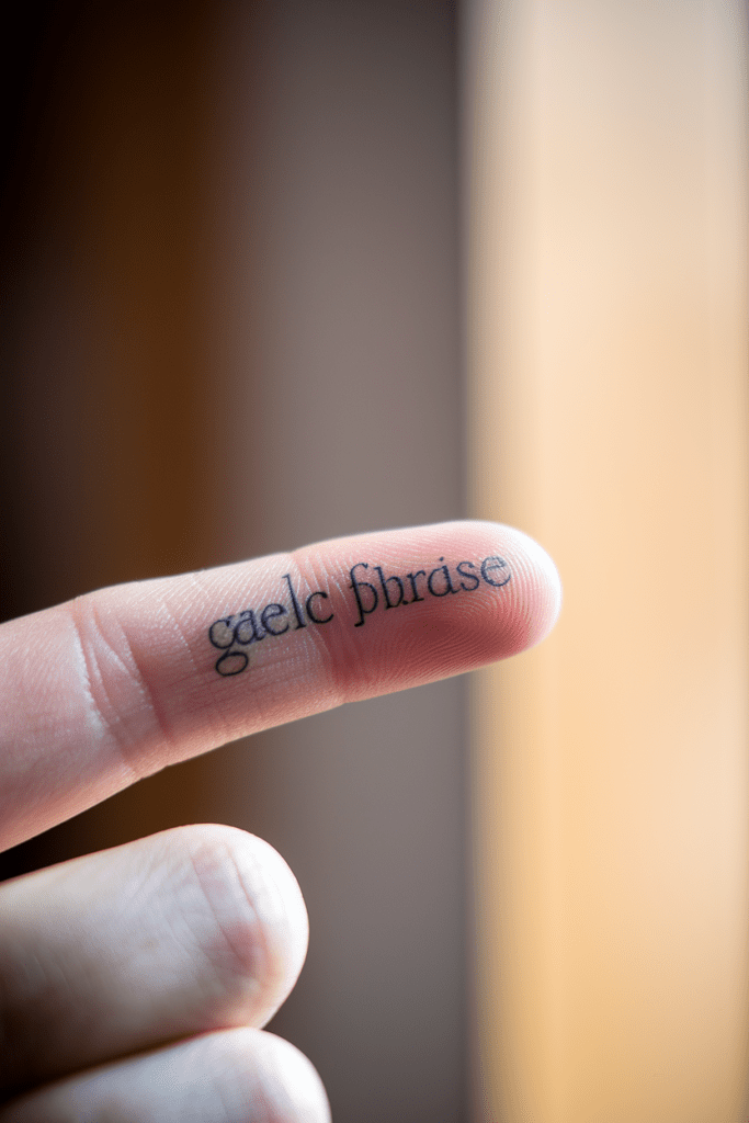 Close-up of finger tattoo with Gaelic phrase, against a blurred background.