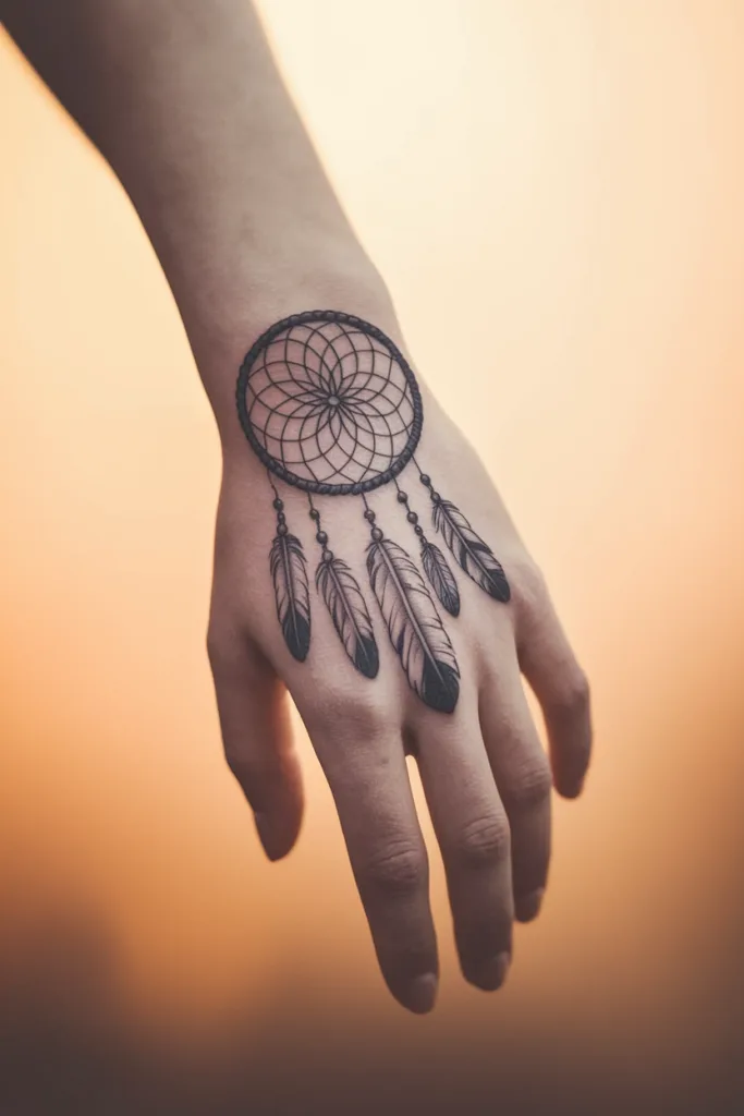 Dreamcatcher tattoo on hand against soft orange background. Feather details, intricate web design, artistic body art.