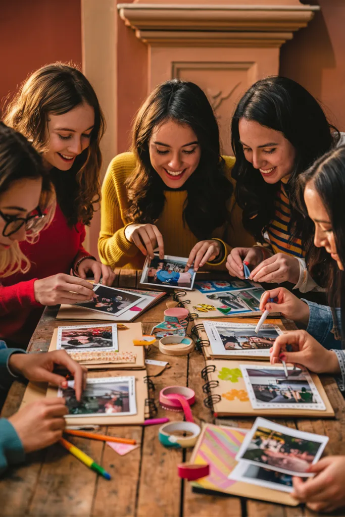 Group of friends joyfully scrapbooking at a wooden table, surrounded by photos, colorful tape, and craft supplies.