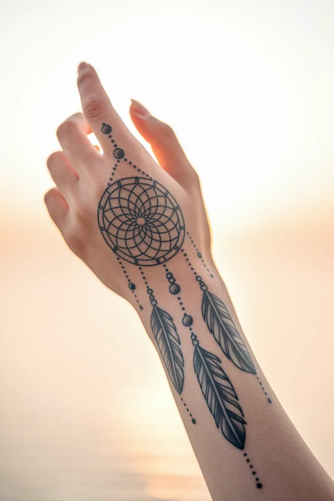 Hand with dreamcatcher tattoo in front of a serene sunrise, showcasing intricate feather and geometric design.