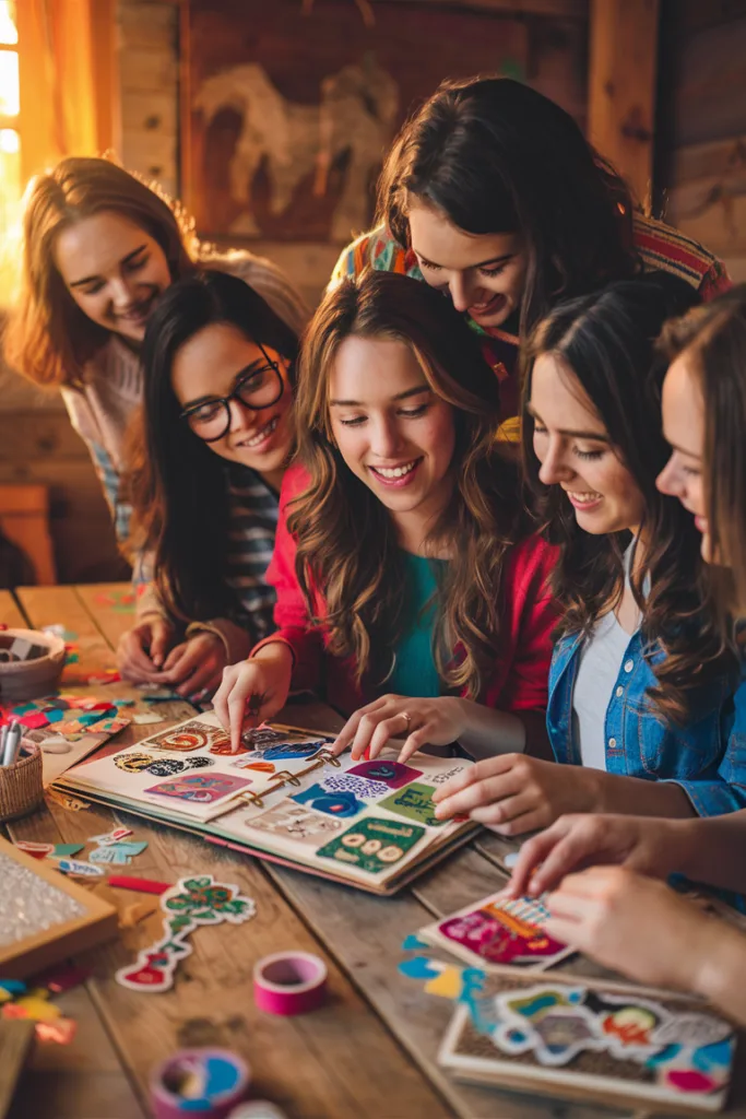 Group of friends enjoying scrapbooking together at a cozy wooden table, creating colorful crafts and memories.