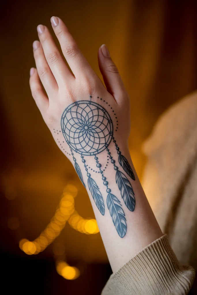 Hand with a detailed dreamcatcher tattoo, featuring intricate feather and bead design against a warm background.