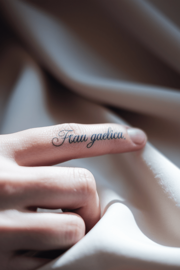 Finger tattoo in elegant script, Fiau gaeilica, on hand resting on soft fabric background.