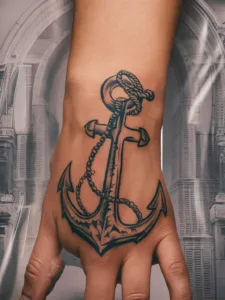 Hand with detailed anchor tattoo design against a backdrop of architectural arches.