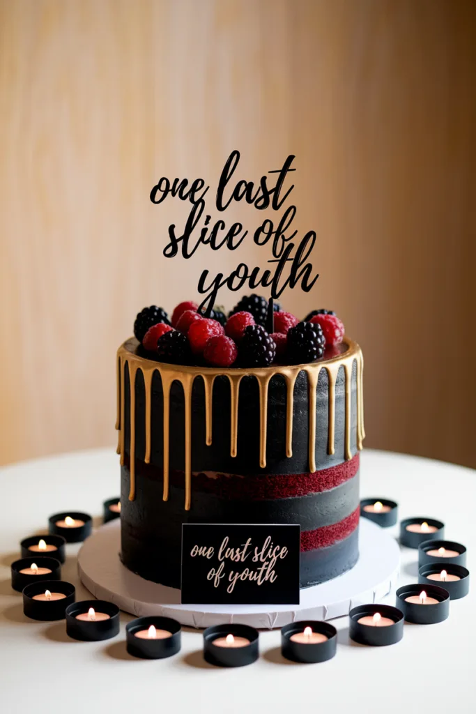 Elegant black and gold cake with berries, One Last Slice of Youth topper, surrounded by candles.