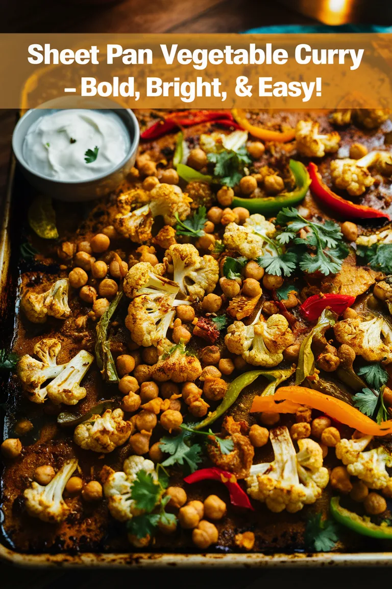 Sheet pan vegetable curry with chickpeas, cauliflower, and peppers, garnished with cilantro and served with yogurt.