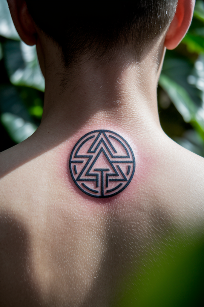 Back tattoo featuring geometric circular design on sunlit skin.