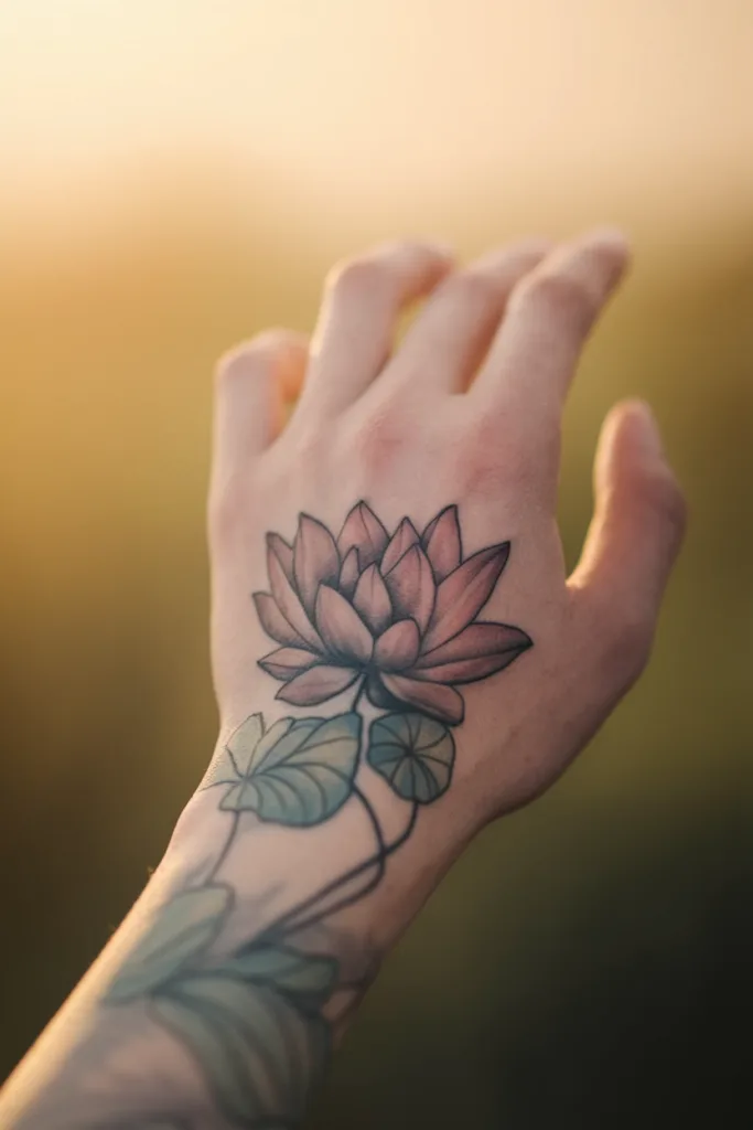 Hand with a lotus flower tattoo against a warm, blurred background.