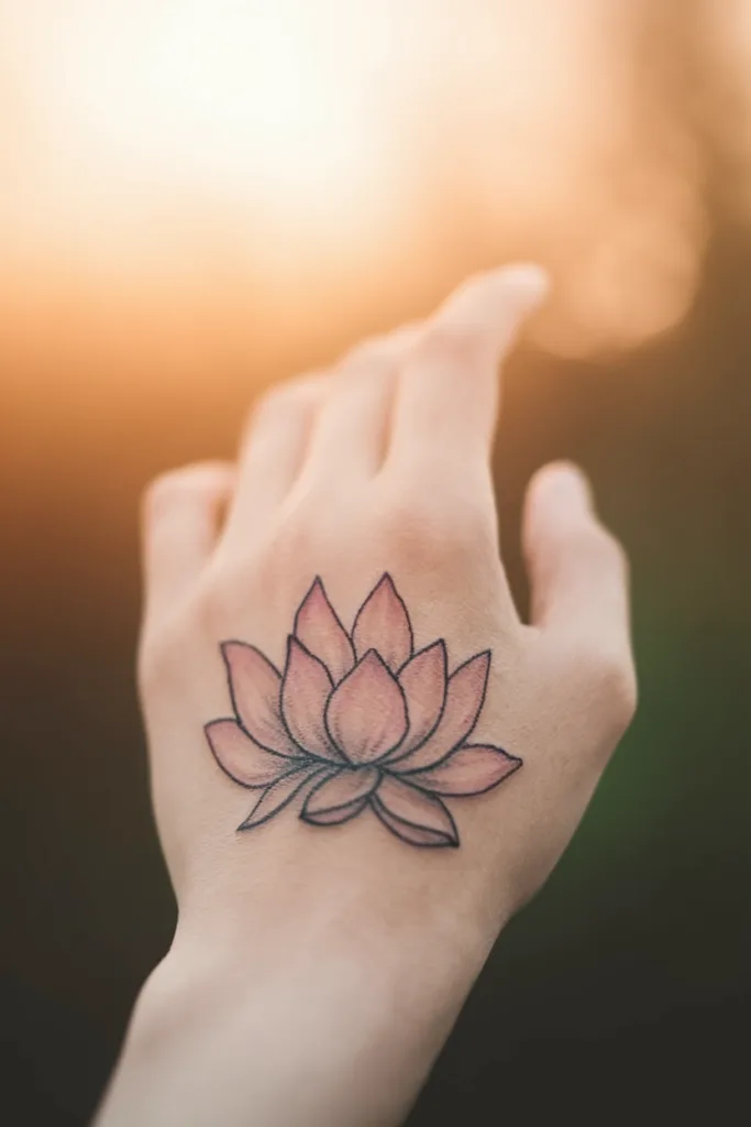 Hand with lotus flower tattoo in soft focus against a warm sunset background.