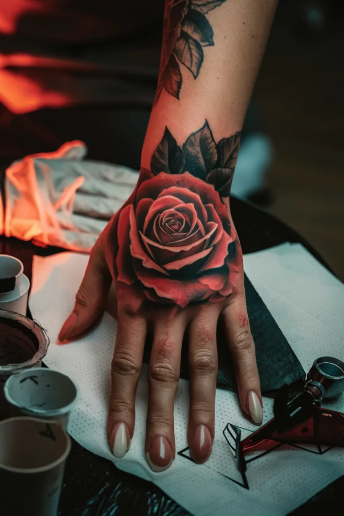 Close-up of a detailed rose tattoo on hand, surrounded by tattoo tools on a table.