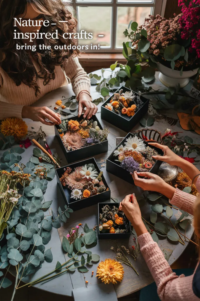 Hands arranging dried flowers in black boxes for nature-inspired crafts on a wooden table.