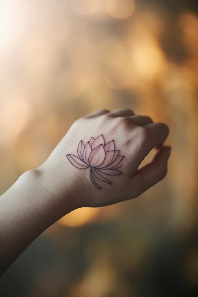 Hand with pink lotus flower tattoo against a warm, blurred background, symbolizing peace and purity.