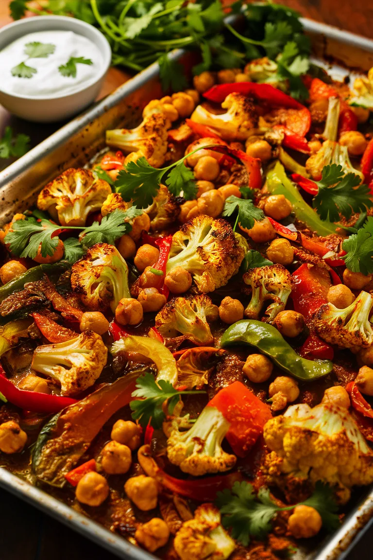 Roasted cauliflower and chickpeas with bell peppers on a baking sheet, garnished with fresh cilantro.