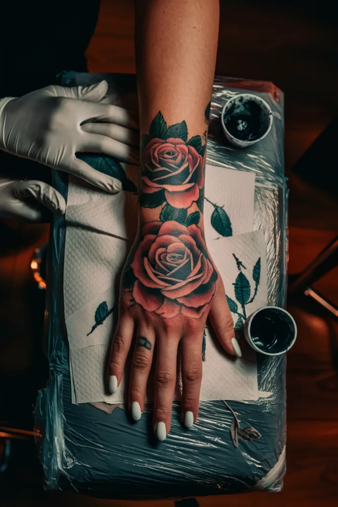 Close-up of a vibrant rose tattoo on a person's hand, with a tattoo artist wearing gloves in the background.