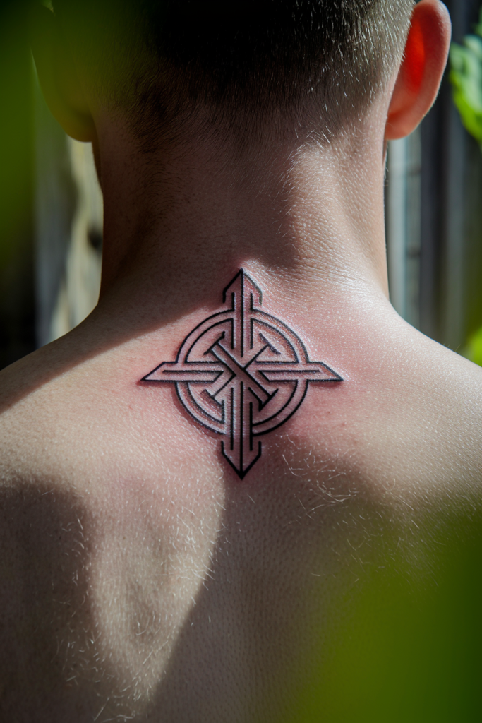 Intricate geometric tattoo design on the back of a neck with sunlight and greenery in the background.