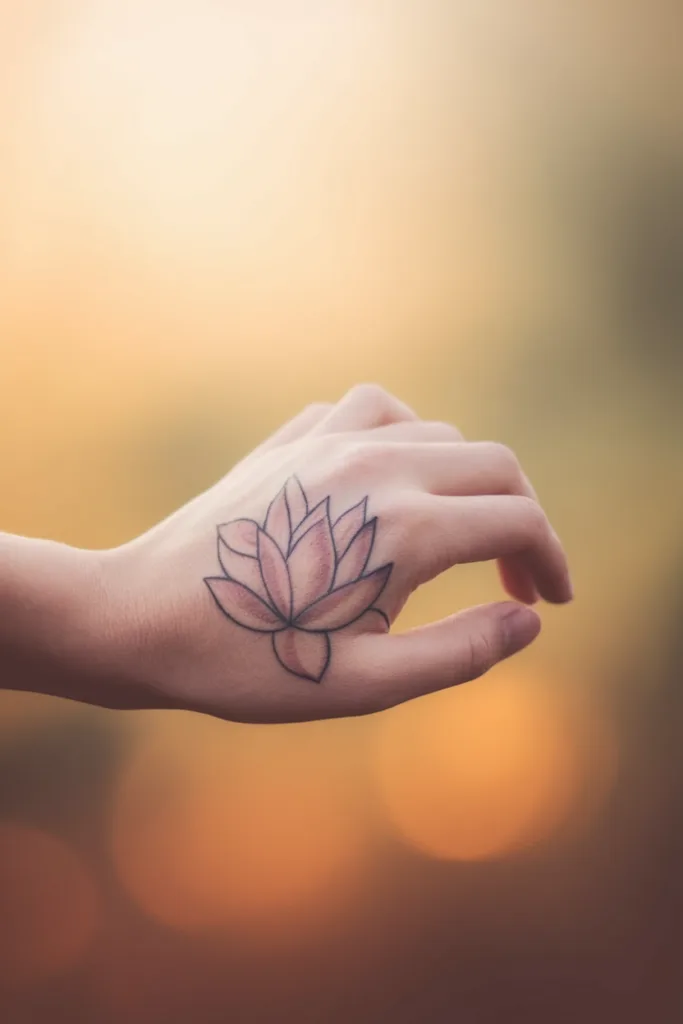 Hand with a lotus flower tattoo against a soft sunset background.