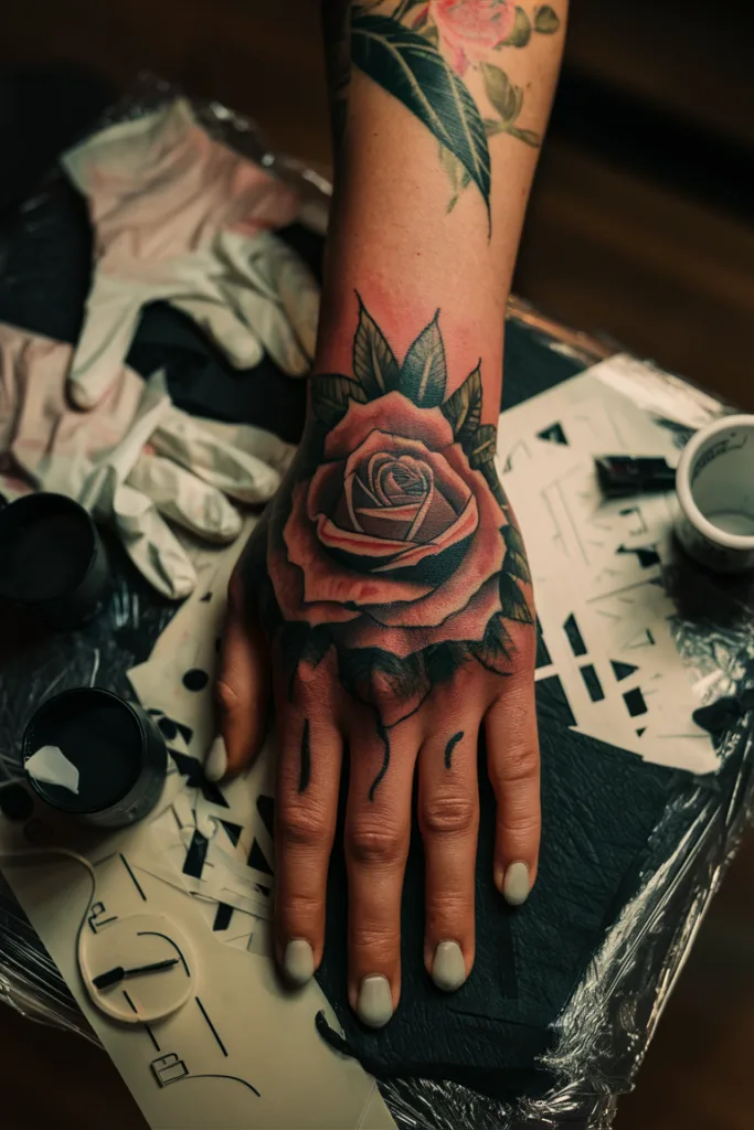 Close-up of a detailed rose tattoo on a hand, surrounded by tattooing tools and gloves.