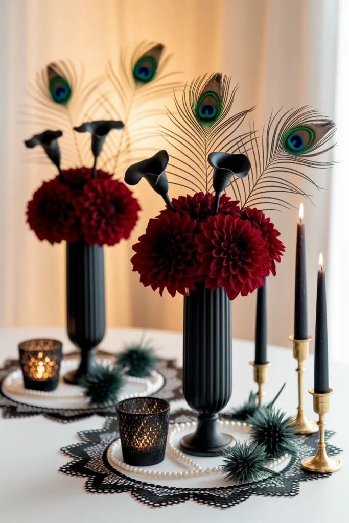 Elegant table decor with black vases, red flowers, peacock feathers, and candles, creating a chic, moody ambiance.