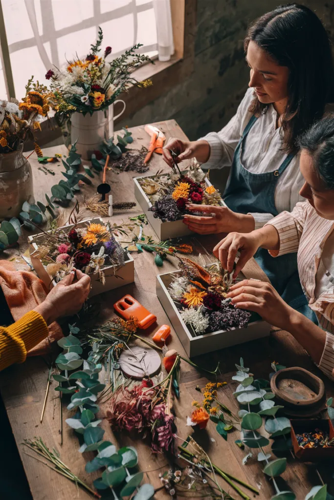 Women arranging colorful flowers in boxes on a wooden table, crafting in natural light.