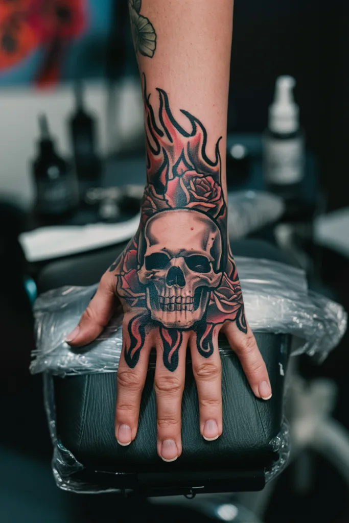 Hand tattoo featuring a skull surrounded by roses and flames with vibrant colors.