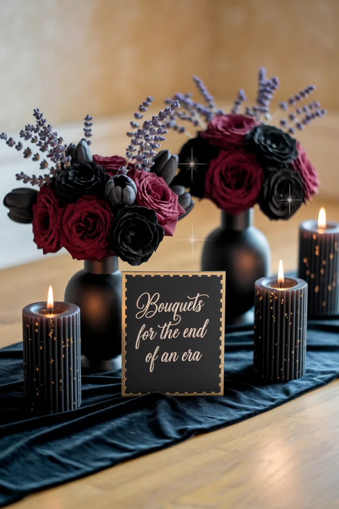 Elegant black and red floral arrangements with candles and sign reading Bouquets for the end of an era.