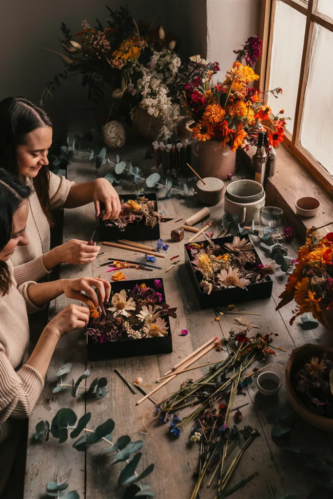 Two women creating floral arrangements at a rustic table with natural light pouring in from a window.