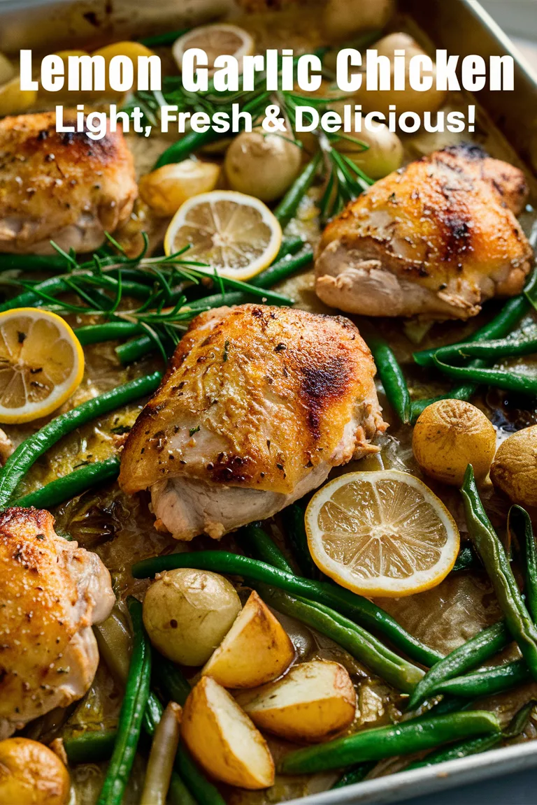 Roasted lemon garlic chicken with green beans and potatoes, garnished with fresh rosemary, light and delicious.