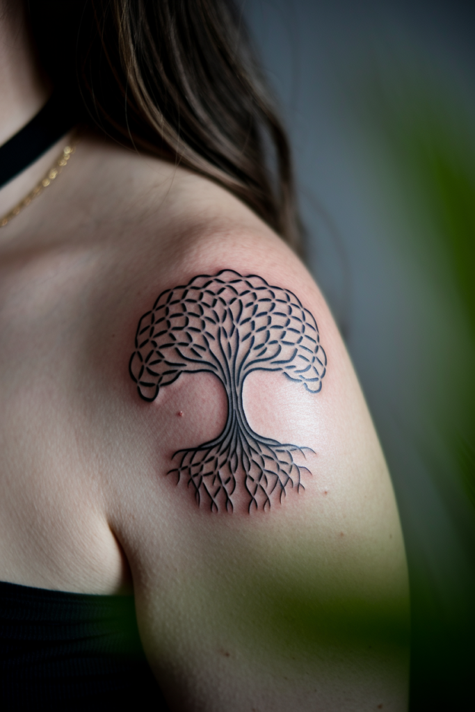 Stylish tree tattoo on a shoulder with intricate design, symbolizing growth and strength against a blurred background.