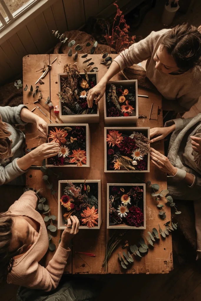 People arranging dried flowers in boxes on a wooden table, crafting autumn floral displays.