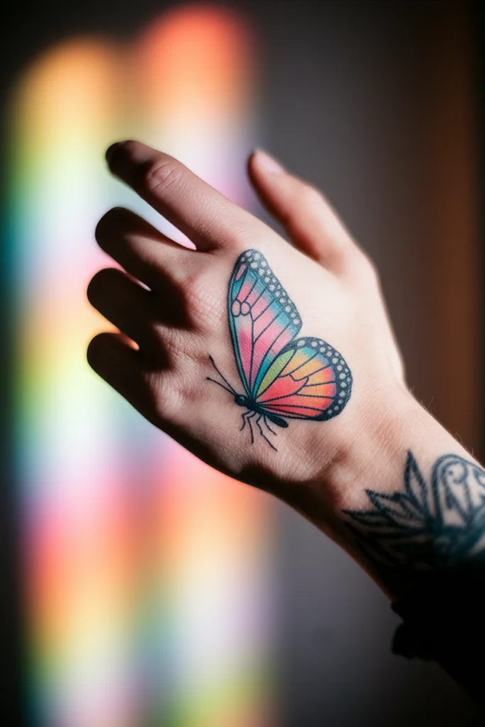 Colorful butterfly tattoo on hand with rainbow light background.