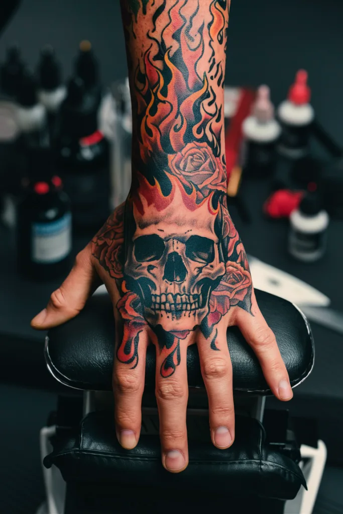 Hand tattoo featuring a skull, flames, and roses. Vivid design in a tattoo studio setting.