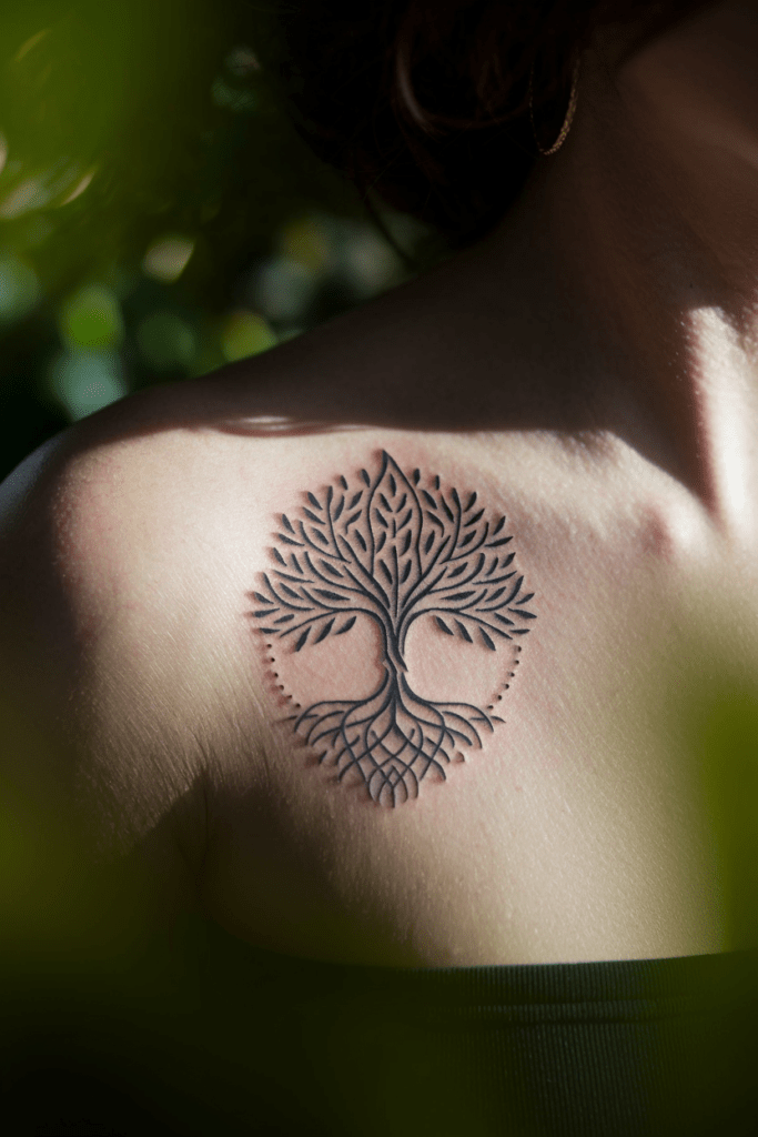 Intricate tree of life tattoo design on shoulder, captured in sunlight, symbolizing strength and connection.