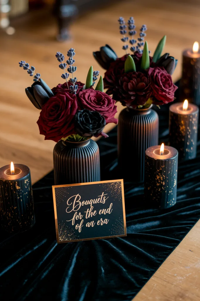 Elegant bouquets with candles and a card reading Bouquets for the end of an era on a black velvet cloth.