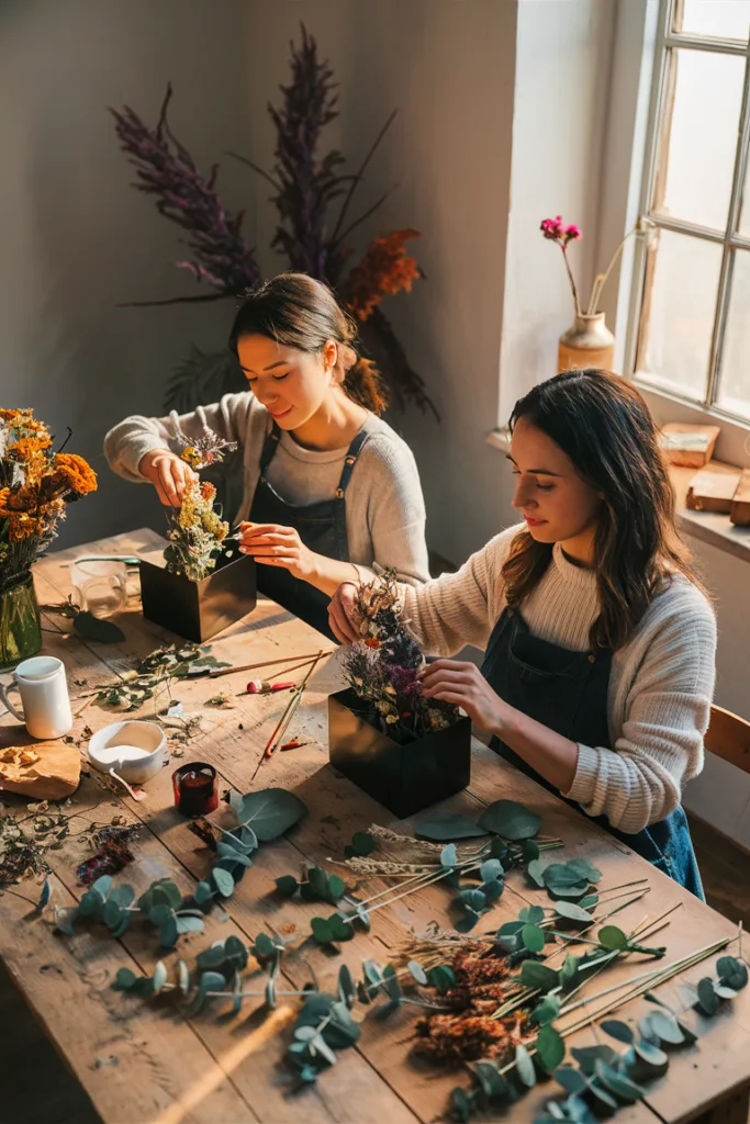 Two women crafting floral arrangements at a sunlit table, surrounded by dried flowers and eucalyptus leaves.