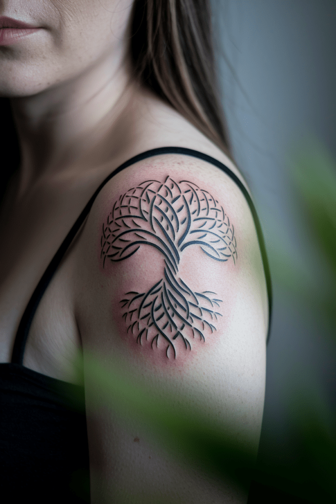 Upper arm tree tattoo in black ink, showcasing intricate branches and roots, against bare skin.