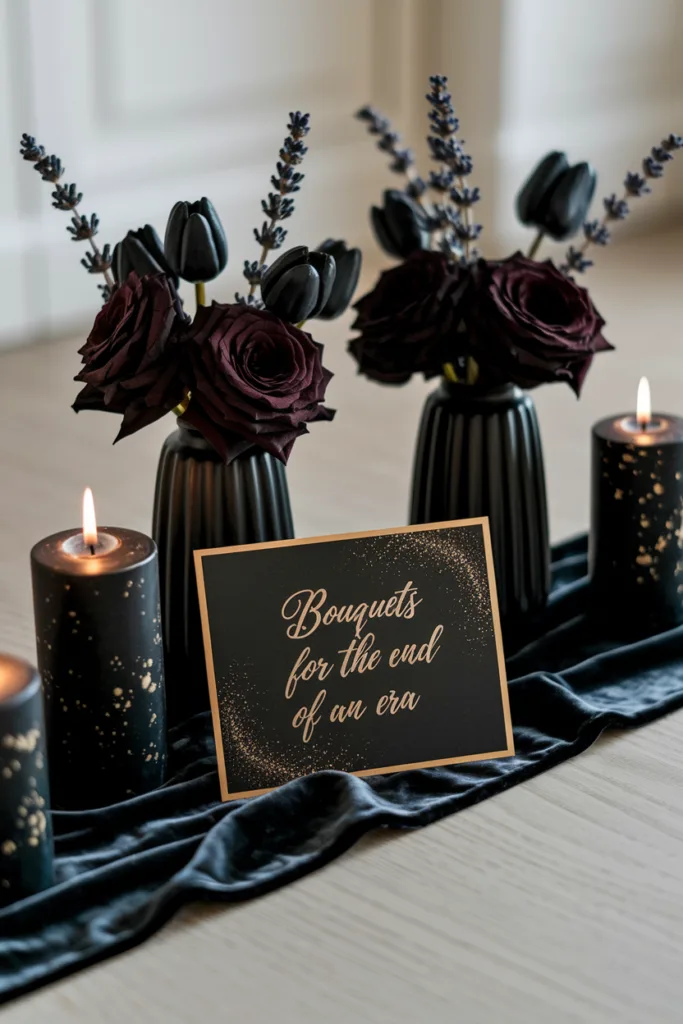 Elegant black and burgundy floral arrangement with candles and Bouquets for the end of an era sign.