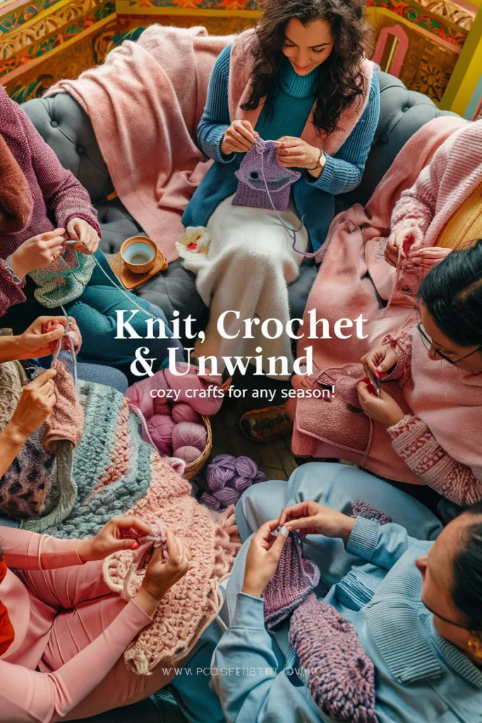 Women knitting and crocheting in a cozy room with yarn, perfect for relaxing craft sessions.