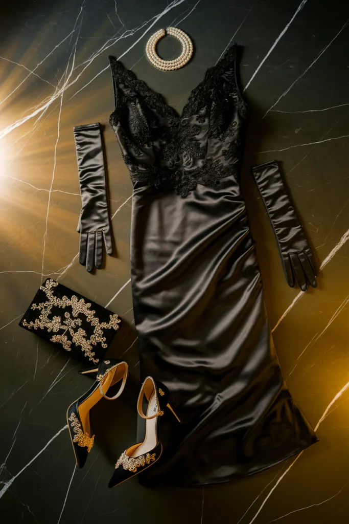 Elegant black dress with accessories: gloves, heels, clutch, and pearl necklace on marble floor. Perfect for evening wear.