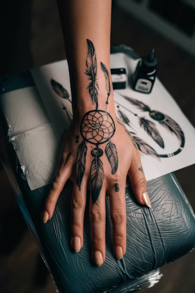 Hand with detailed dreamcatcher tattoo, featuring feathers and intricate designs, resting on a tattoo parlor table.